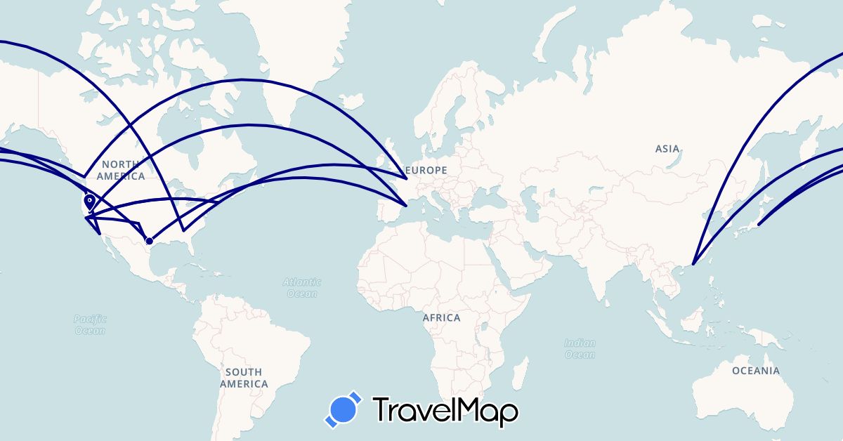 TravelMap itinerary: driving in Canada, Spain, France, Hong Kong, Japan, United States (Asia, Europe, North America)